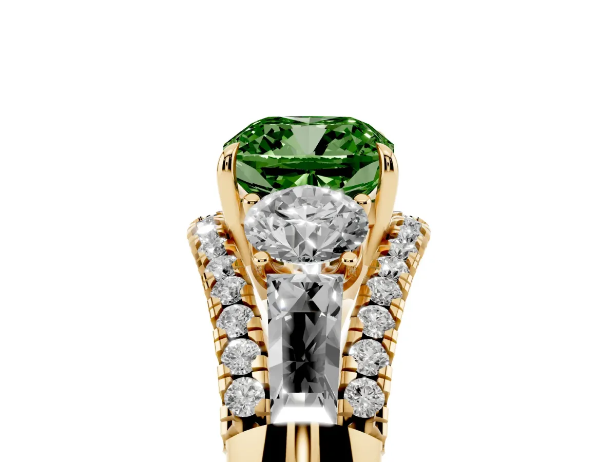 Fancy Green Three-Stone Cushion Cut Diamond Engagement Ring with Pave Band and Prong Setting Yellow gold