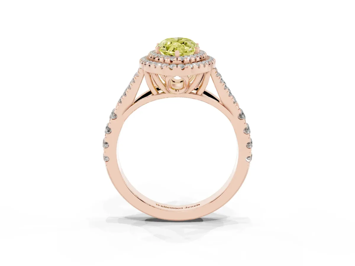 Fancy Yellow Double Halo Marquise Cut Diamond Split Shank Engagement Ring with Four-Prong Setting Rose gold