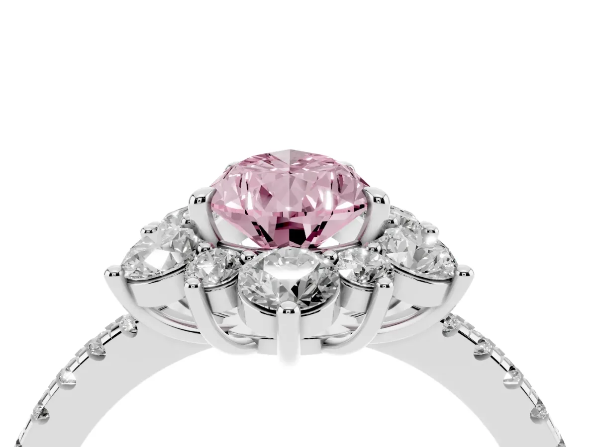 Fancy Pink Pear Cut Diamond Floral Halo Ring with Round Pavé Band and Prong Setting Platinum