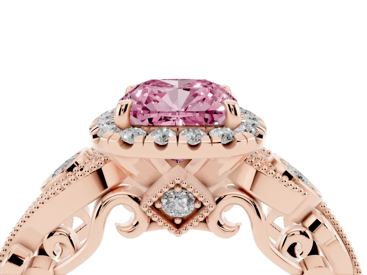 Fancy Pink Cushion Cut Halo Diamond Ring with Milgrain and Bezel Accents on a Split Shank Band Rose gold