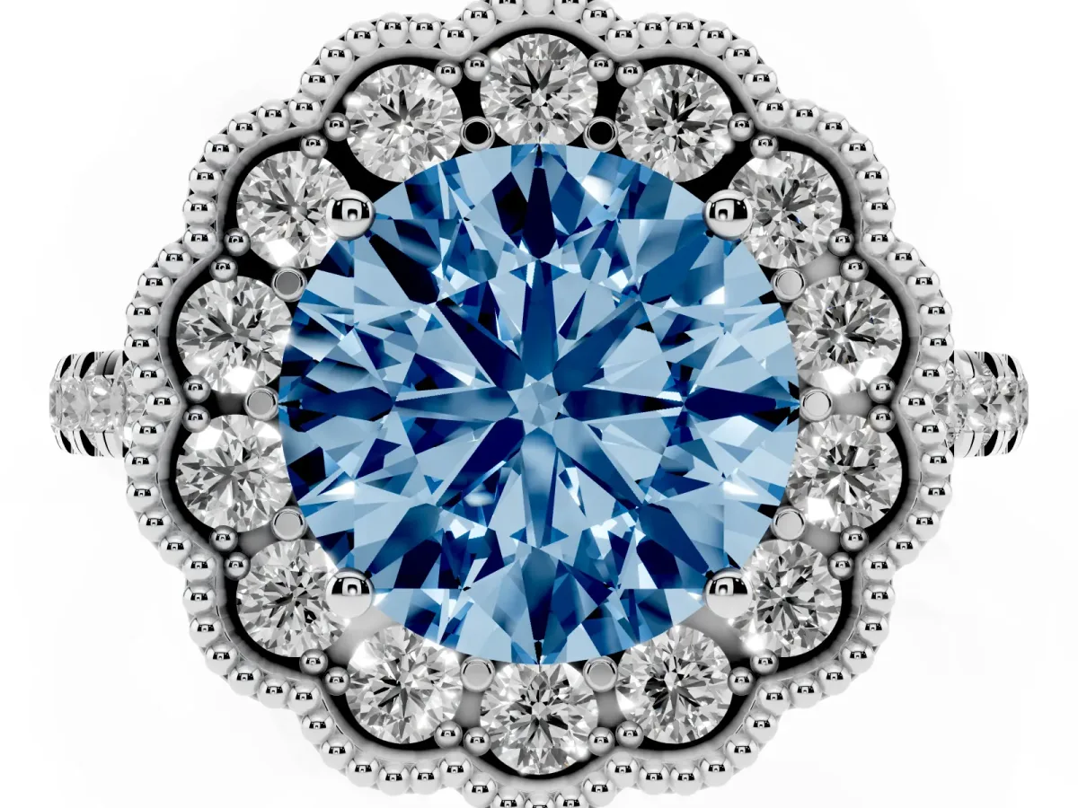 Fancy Blue Round Cut Cut Diamond Milgrain Floral Halo Engagement Ring with Pavé Band Silver