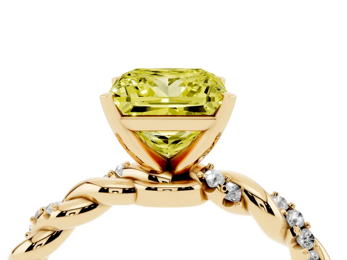 Fancy Yellow Princess Cut Diamond Solitaire Ring with Twisted Band and Pavé Accents Yellow gold