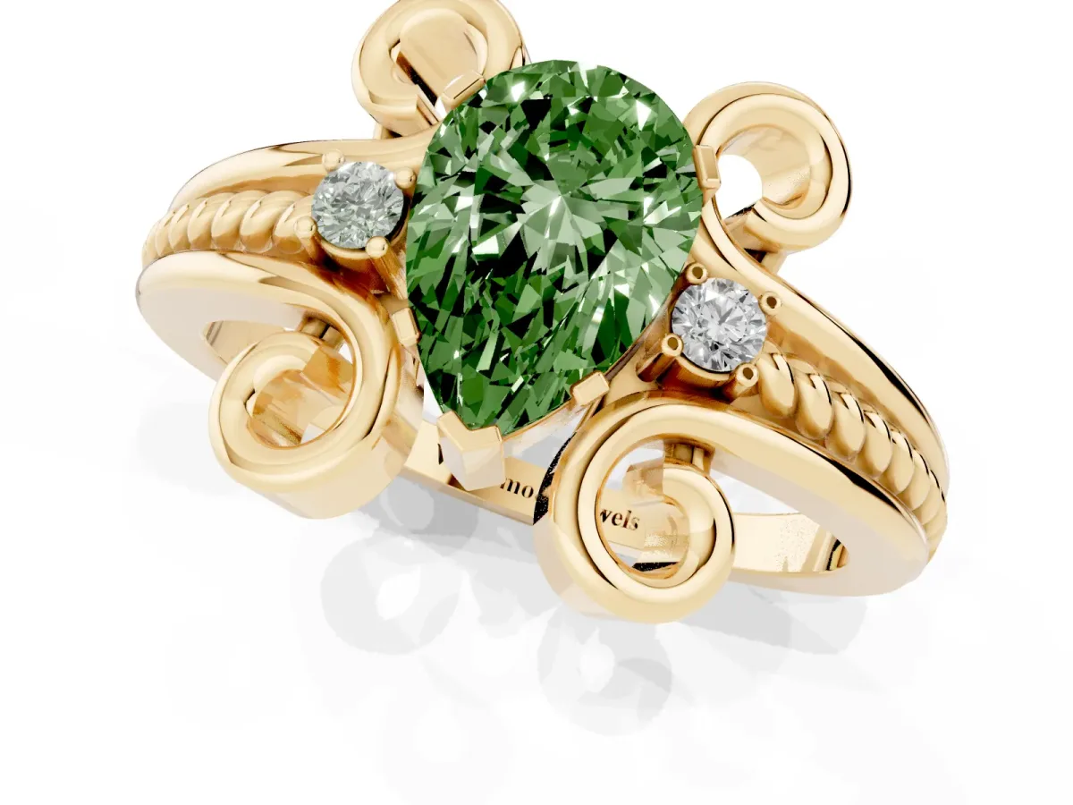Fancy Green Pear Cut Solitaire Twisted Band Scroll Prong Ring Yellow gold