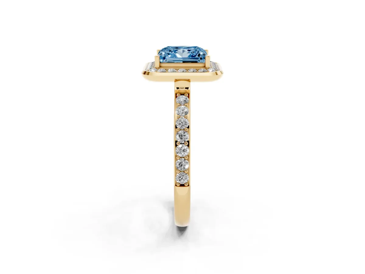 Fancy Blue Princess Cut Diamond Halo Ring with Bezel Frame and Pavé Band Yellow gold