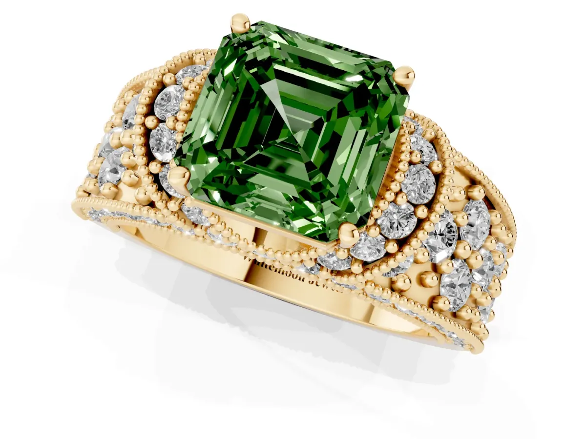 Fancy Green Asscher Cut Halo Pave Diamond Engagement Ring with Milgrain Detailing Yellow gold