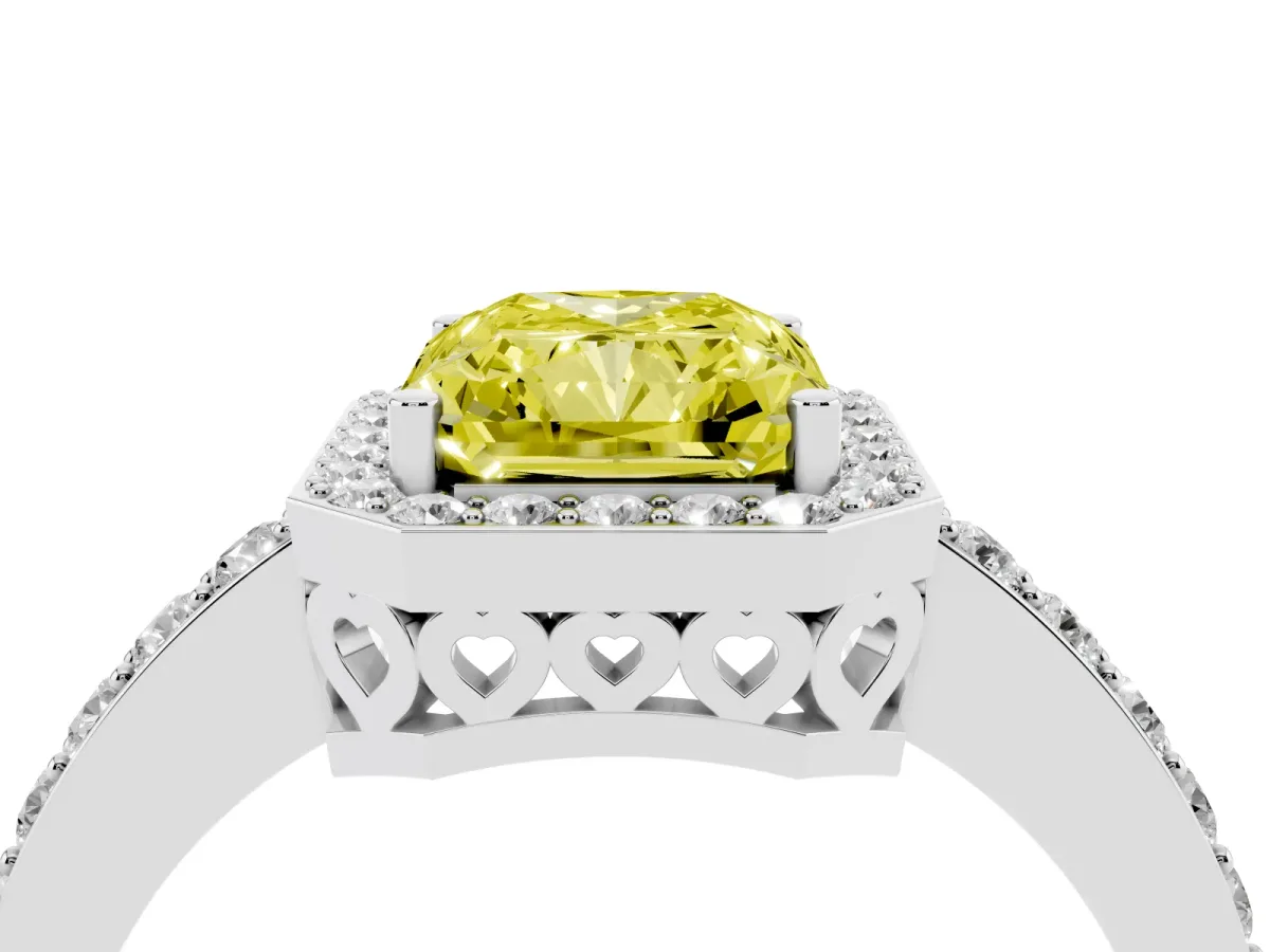 Fancy Yellow Radiant Cut Halo Diamond Pavé Band Ring with Prong Setting Platinum