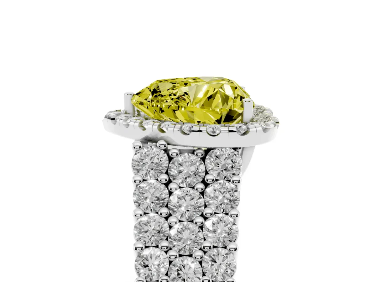 Fancy Yellow Heart Cut Diamond Halo Engagement Ring with Triple Row Round Pavé Band and Prong Setting Platinum