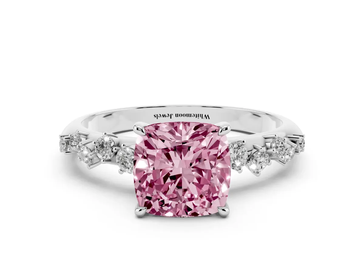 Fancy Pink Cushion Cut Diamond Cluster Side Stone Solitaire Ring with Prong Setting White gold