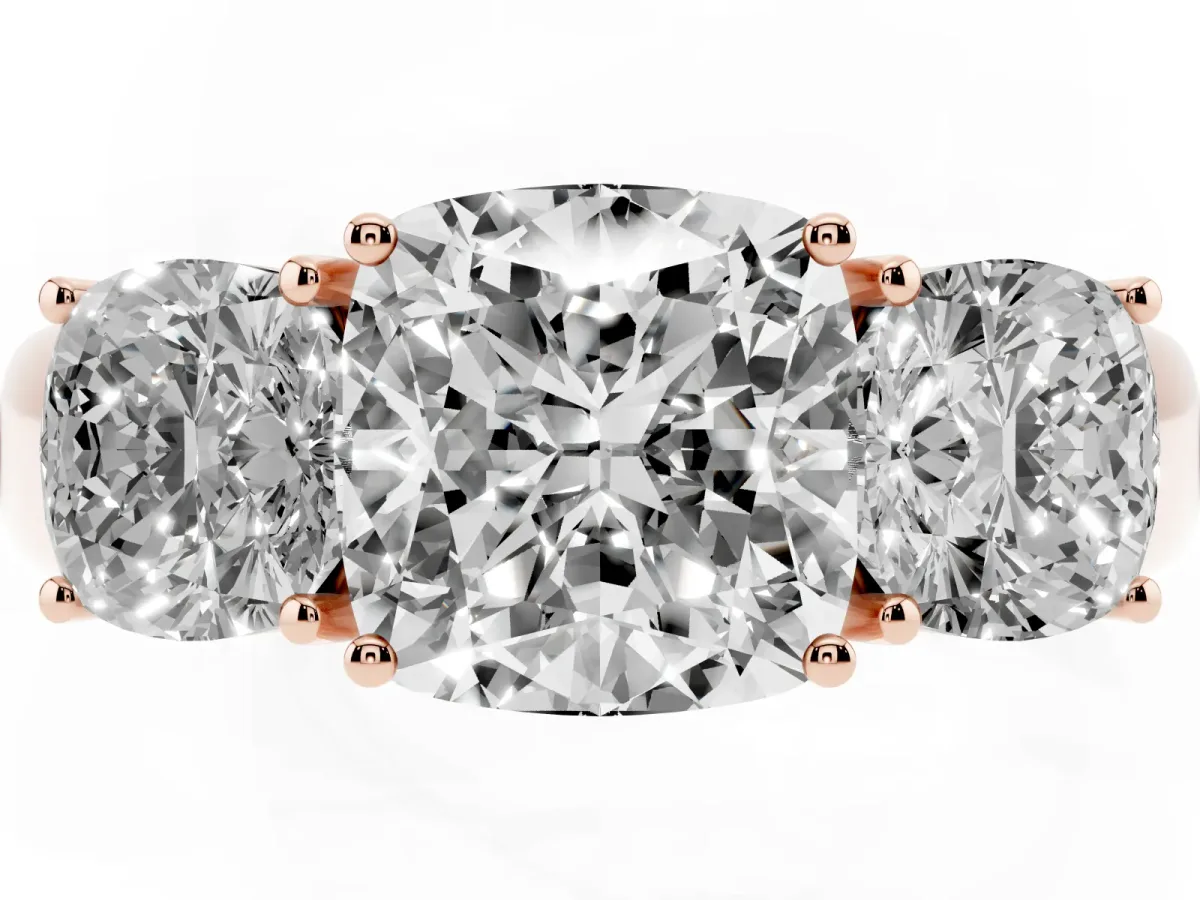 Three-Stone Cushion Cut Cut Diamond Ring with Prong Setting and Classic Band Rose gold