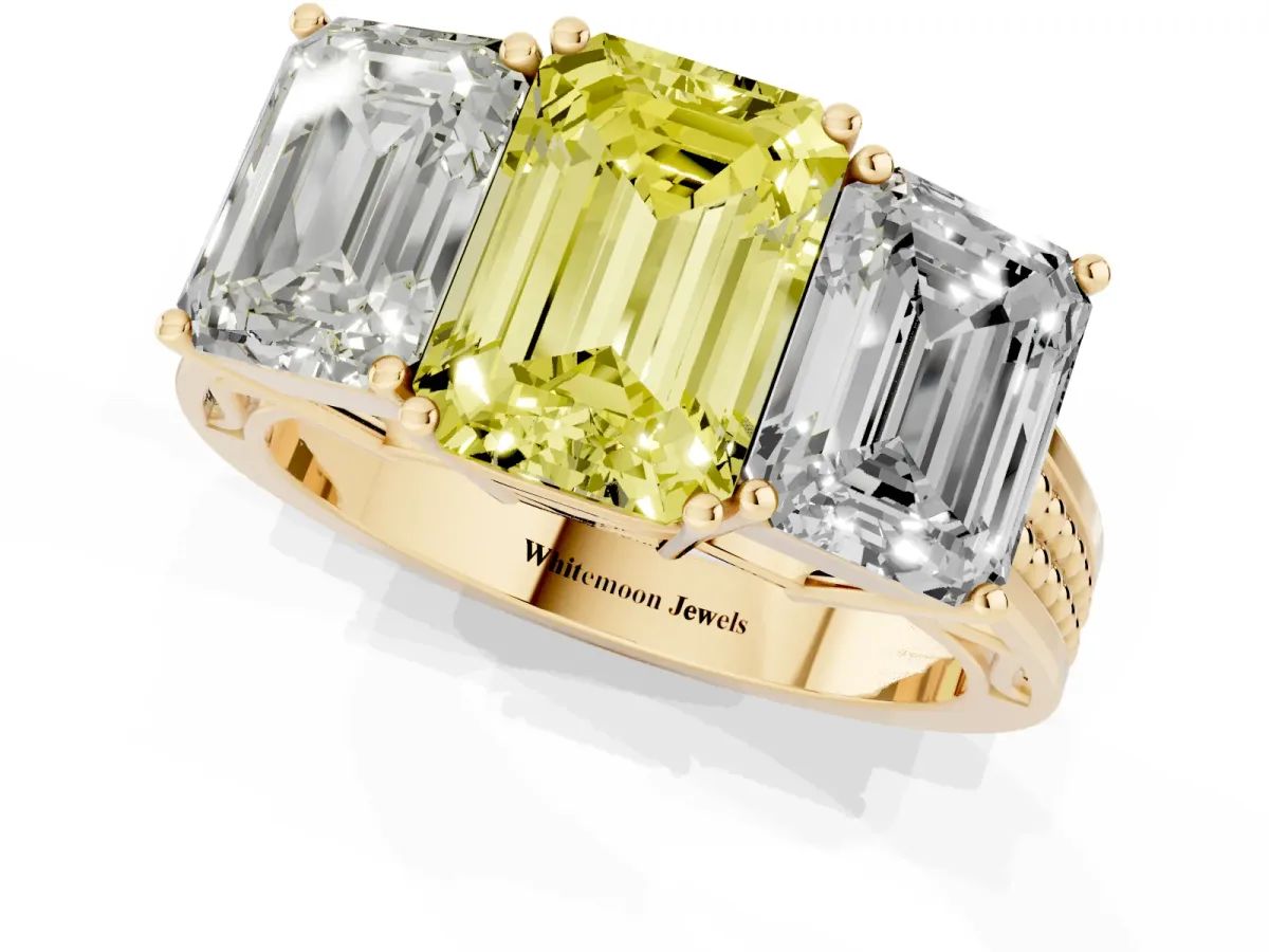 Fancy Yellow Emerald Cut Diamond Three-Stone Ring with Prong Setting and Textured Band Yellow gold