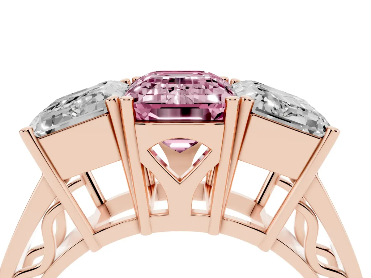 Fancy Pink Emerald Cut Diamond Three-Stone Ring with Prong Setting and Textured Band Rose gold