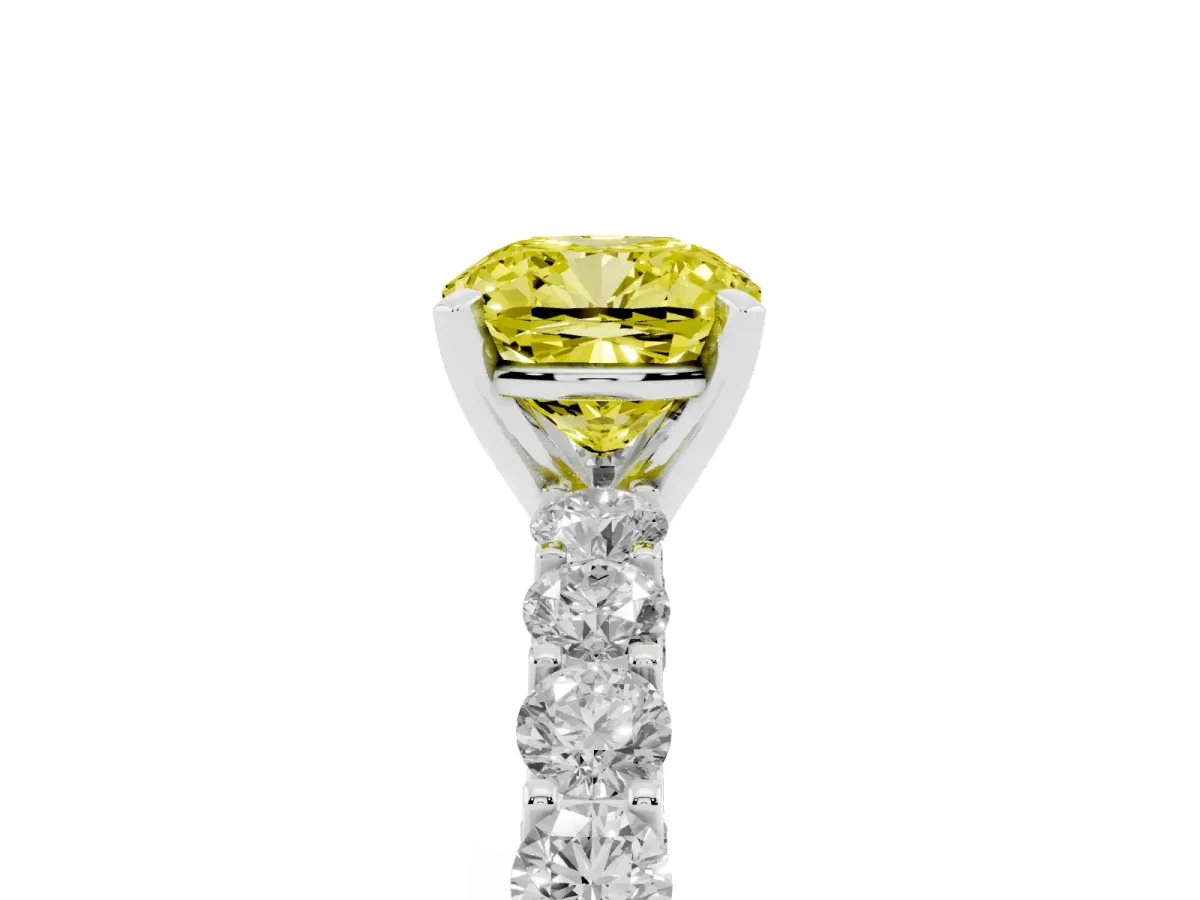 Fancy Yellow Cushion Cut Diamond Solitaire Ring with Shared Prong Pavé Band and Four-Prong Setting Silver