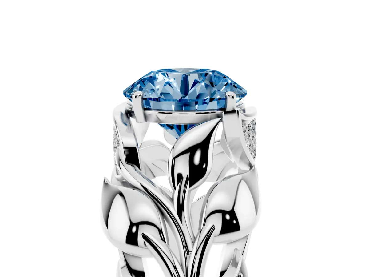 Fancy Blue Round Cut Diamond Leaf-Inspired Engagement Ring with Round Accents and Prong Setting Silver