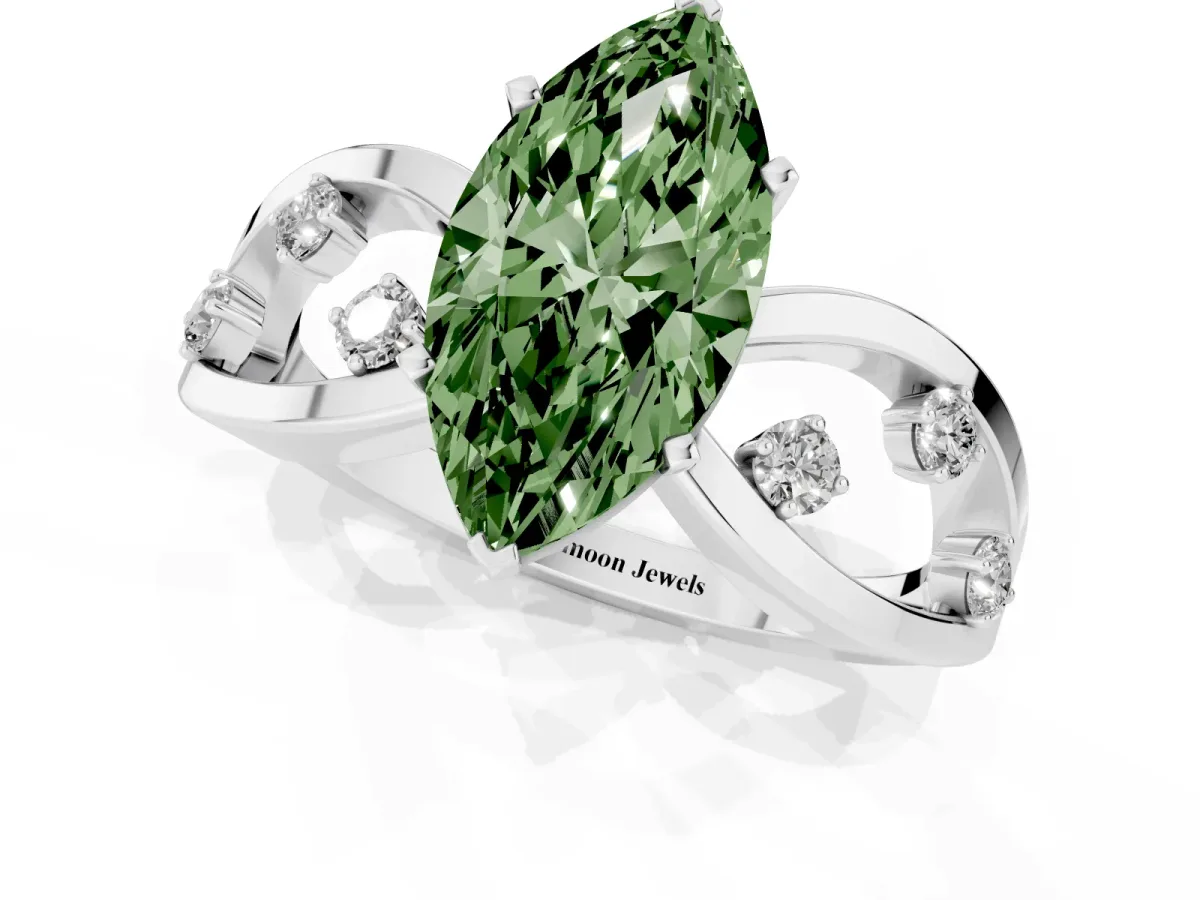 Fancy Green Marquise Cut Cut Solitaire Diamond with Side Stones on Criss-Cross Band and Four-Prong Setting Silver