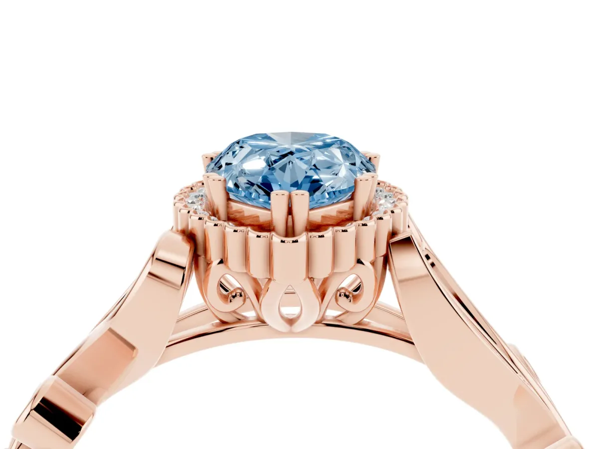 Fancy Blue Pear Cut Diamond Halo Ring with Vintage Split Shank and Four-Prong Setting Rose gold