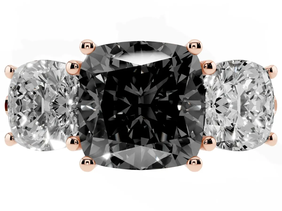 Fancy Black Three-Stone Cushion Cut Diamond Ring with Round Pavé Band and Prong Setting Rose gold