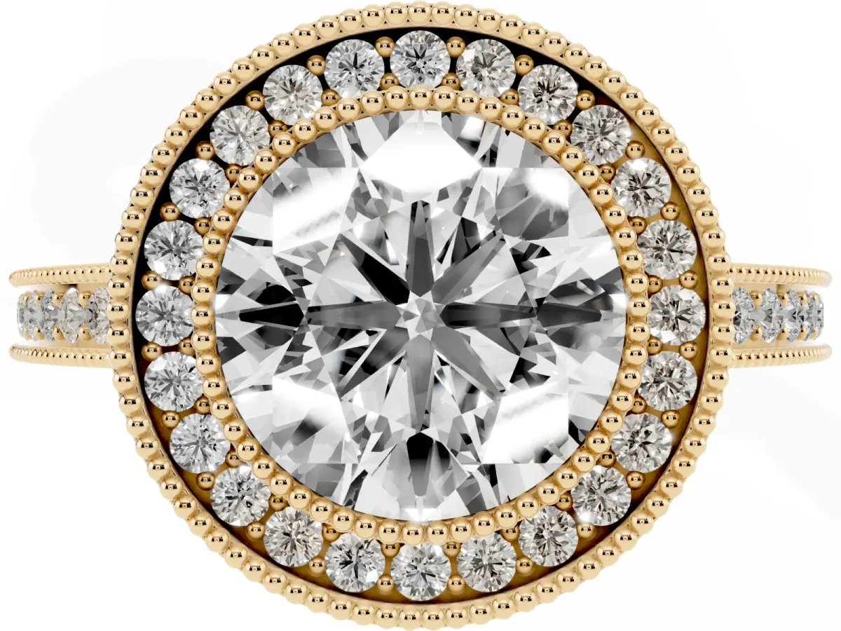 Round Cut Cut Halo Diamond Ring with Pavé Band and Milgrain Prong Setting Yellow gold