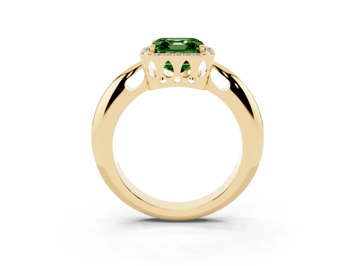 Fancy Green Asscher Cut Cut Diamond Halo Engagement Ring with Split Shank and Four-Prong Setting Yellow gold