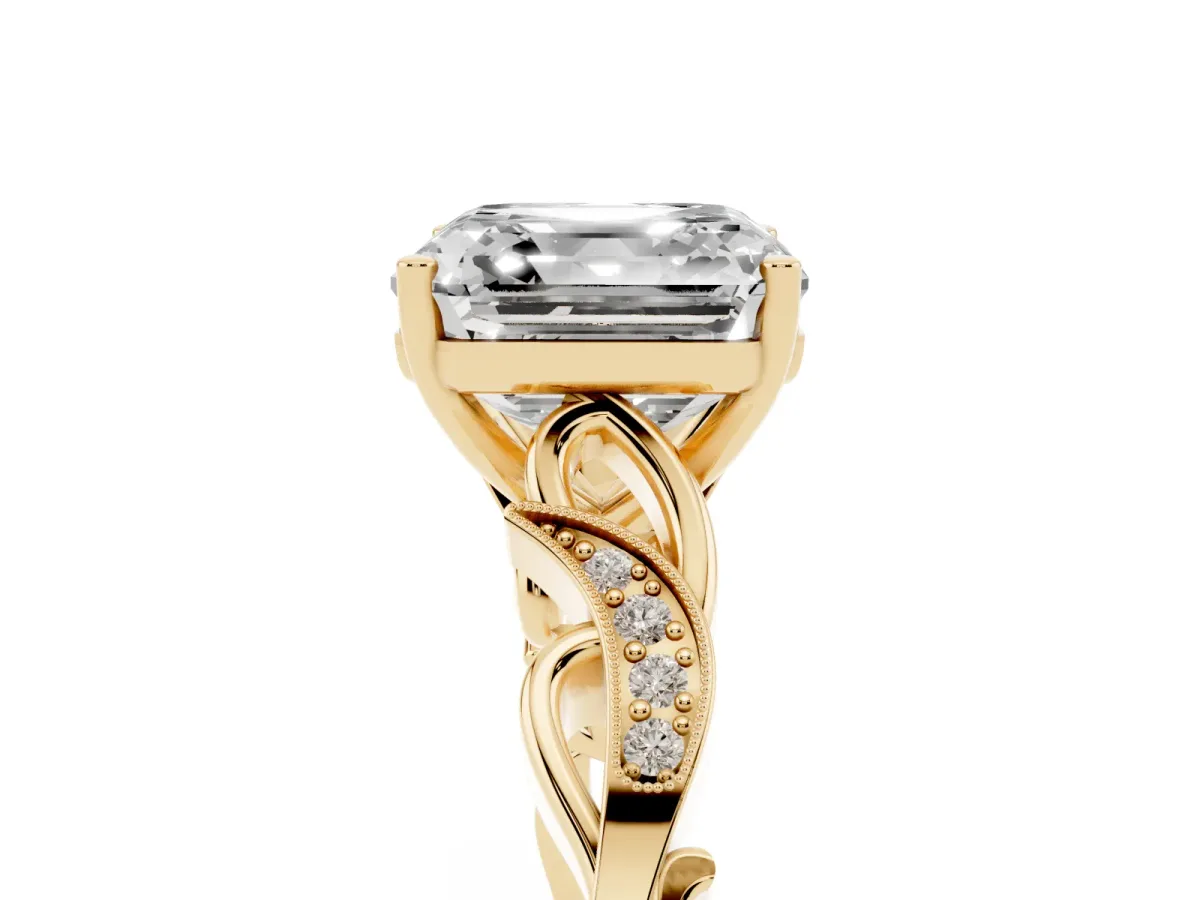 Asscher Cut Solitaire Vine Band with Milgrain Prong Setting Yellow gold