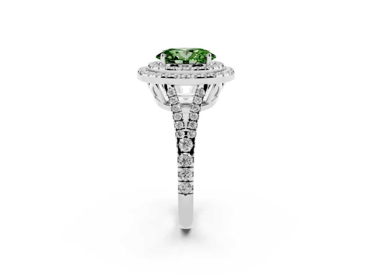 Fancy Green Oval Cut Diamond Double Halo Ring with Pavé Band and Prong Setting Silver
