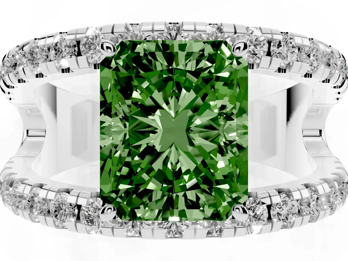 Fancy Green Radiant Cut Solitaire Split Shank Pave Diamond Ring Platinum