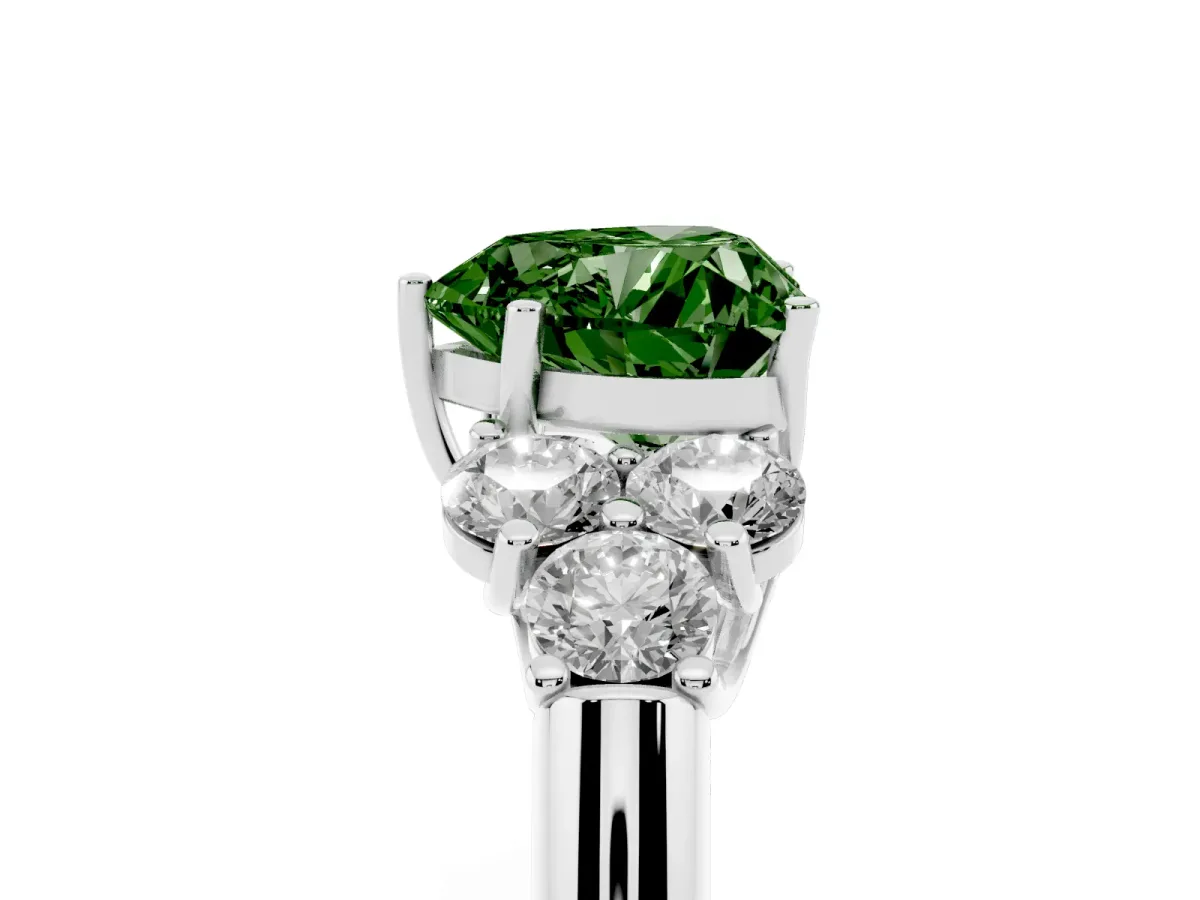 Fancy Green Heart Cut Cut Diamond Cluster Ring with Round Accent Stones and Prong Setting on a Classic Band White gold