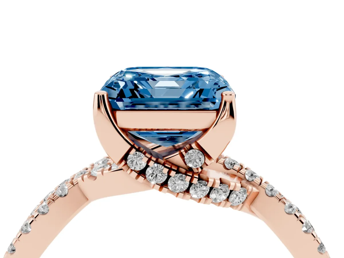 Fancy Blue Asscher Cut Solitaire Twist Pave Diamond Engagement Ring with Prong Setting Rose gold