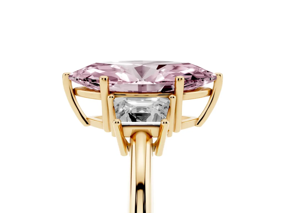 Fancy Pink Marquise Cut Diamond Three-Stone Ring with Trapezoid Side Stones and Prong Setting Yellow gold
