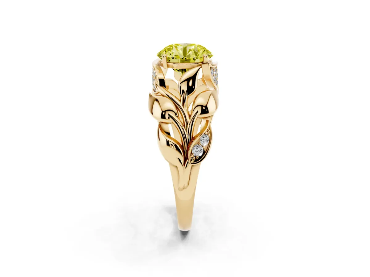 Fancy Yellow Round Cut Diamond Leaf-Inspired Engagement Ring with Round Accents and Prong Setting Yellow gold