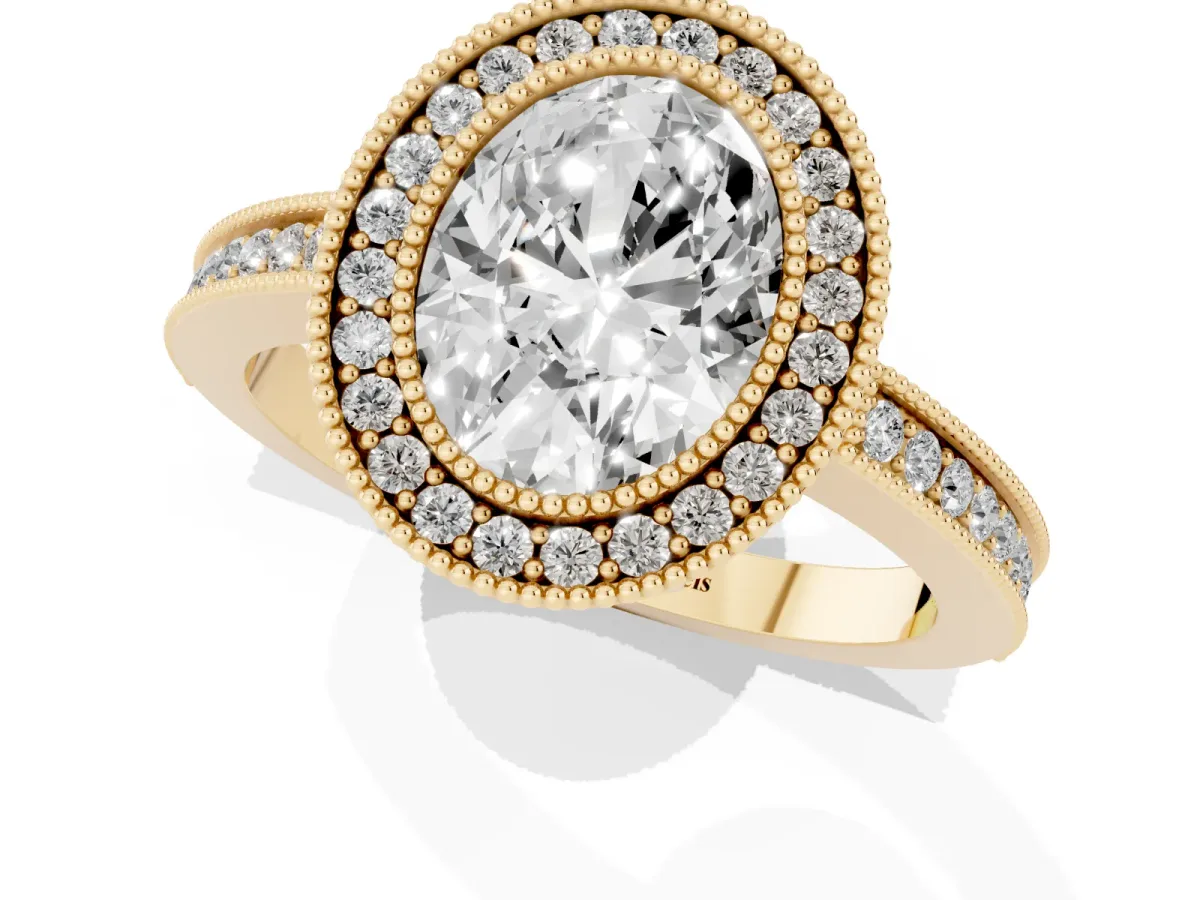 Oval Cut Cut Halo Diamond Ring with Pavé Band and Milgrain Prong Setting Yellow gold