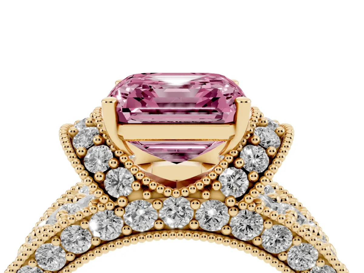 Fancy Pink Asscher Cut Halo Pave Diamond Engagement Ring with Milgrain Detailing Yellow gold