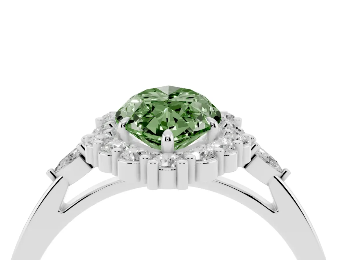 Fancy Green Marquise Cut Diamond Halo Ring with Pear Side Stones and Prong Setting Silver
