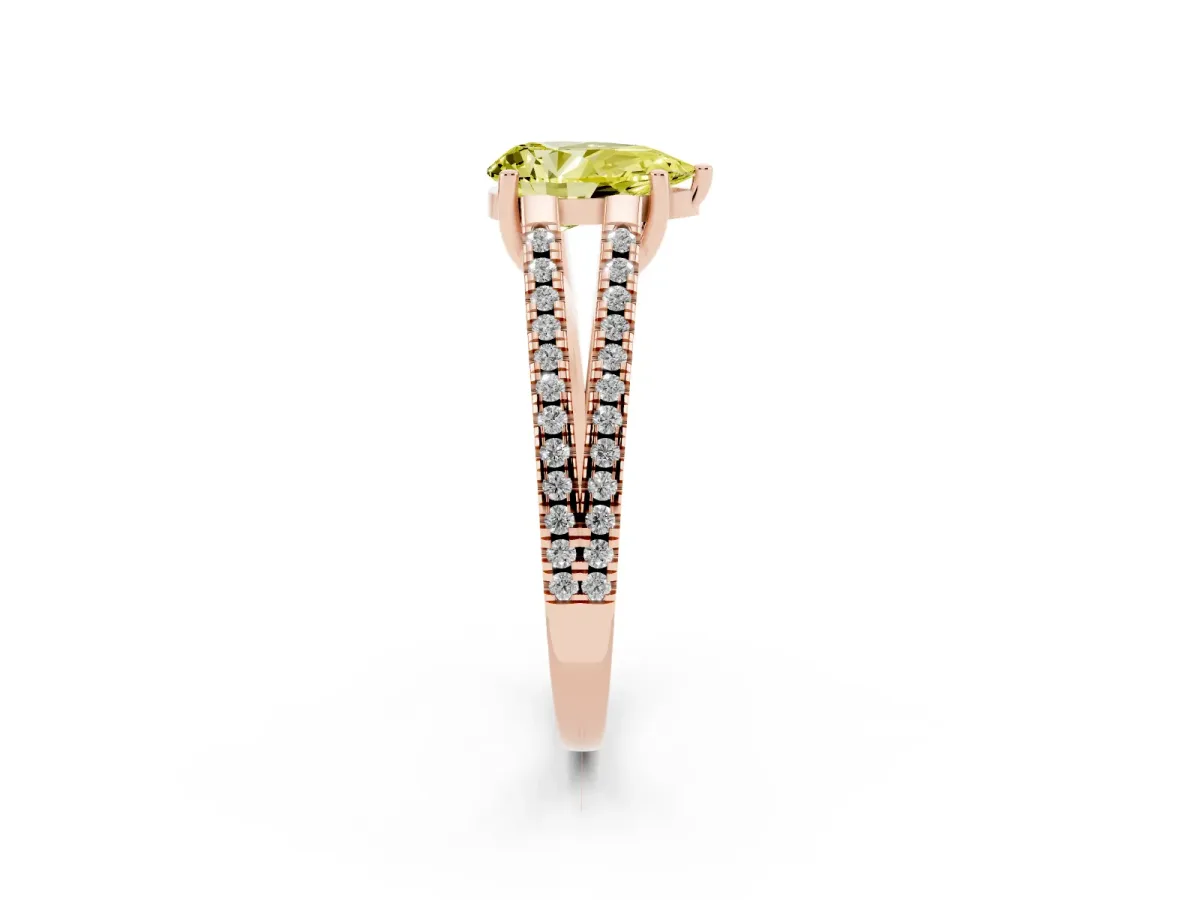 Fancy Yellow Pear Cut Diamond Solitaire Engagement Ring with Split Shank Pavé Band Rose gold