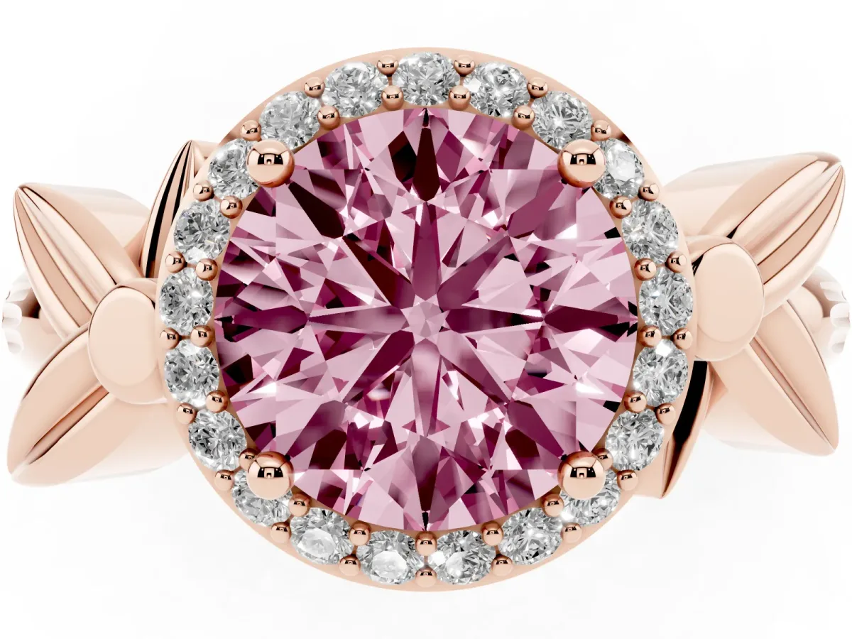 Fancy Pink Round Cut Halo Diamond Floral Band with Four-Prong Setting Rose gold