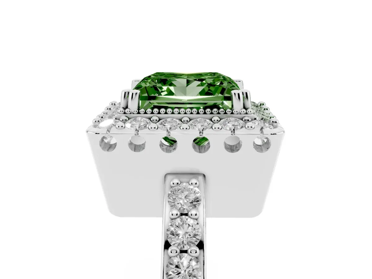 Fancy Green Princess Cut Diamond Halo Ring with Pavé Band and Prong Setting White gold