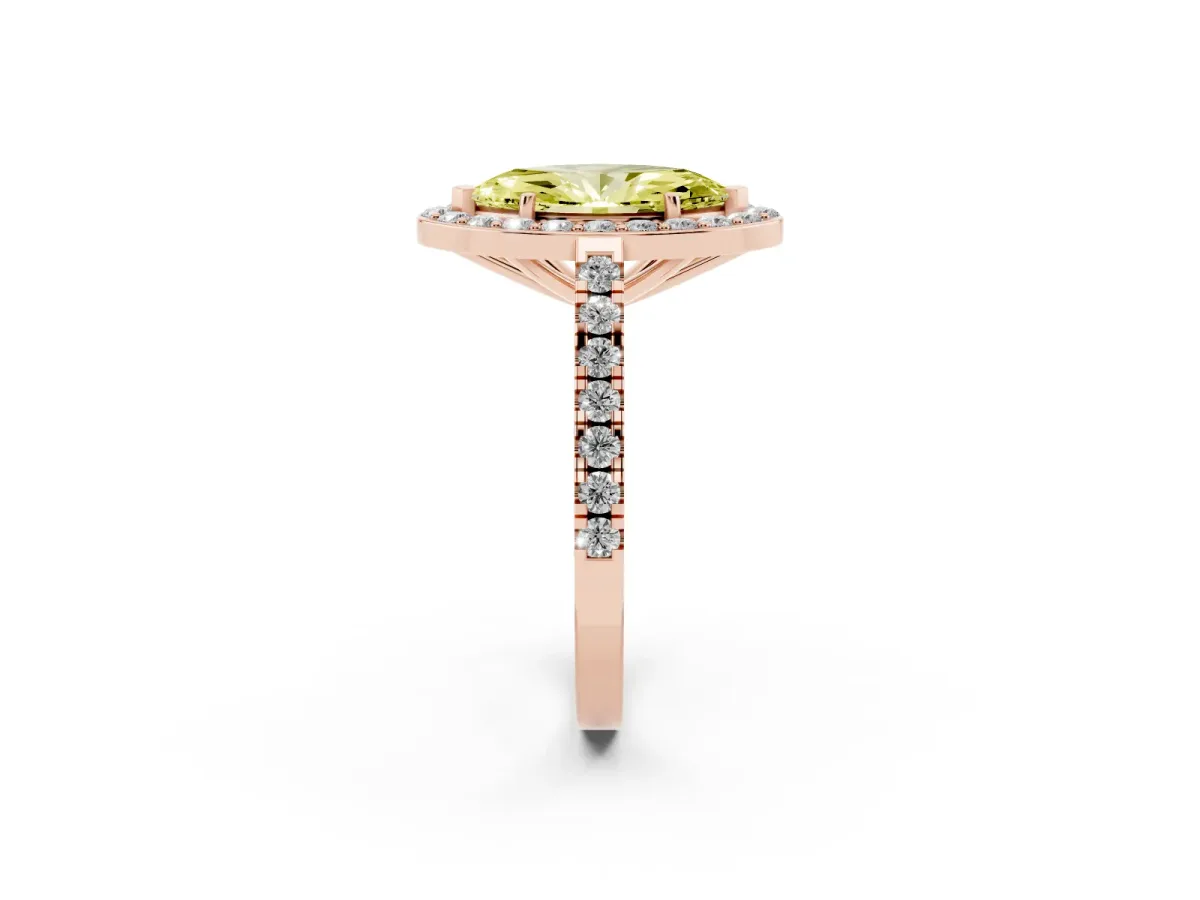 Fancy Yellow Marquise Cut Diamond Halo Ring with Round Pavé Split Shank and Prong Setting Rose gold