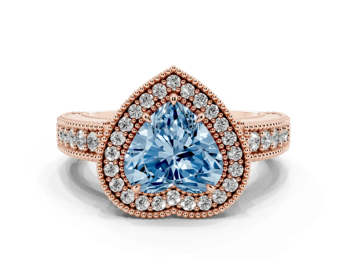 Fancy Blue Heart Cut Cut Halo Diamond Ring with Pavé Band and Four-Prong Setting Rose gold