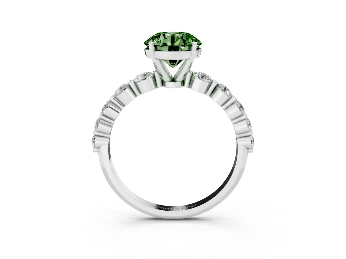 Fancy Green Round Cut Solitaire Diamond Ring with Pave Band and Four-Prong Setting Silver