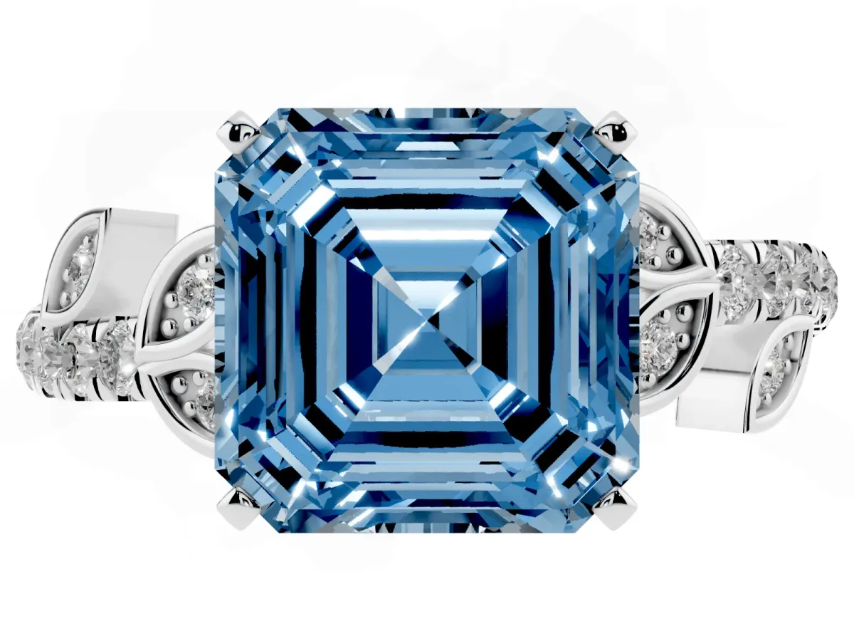 Fancy Blue Asscher Cut Solitaire Leaf-Inspired Diamond Ring with Pavé Band and Four-Prong Setting Silver