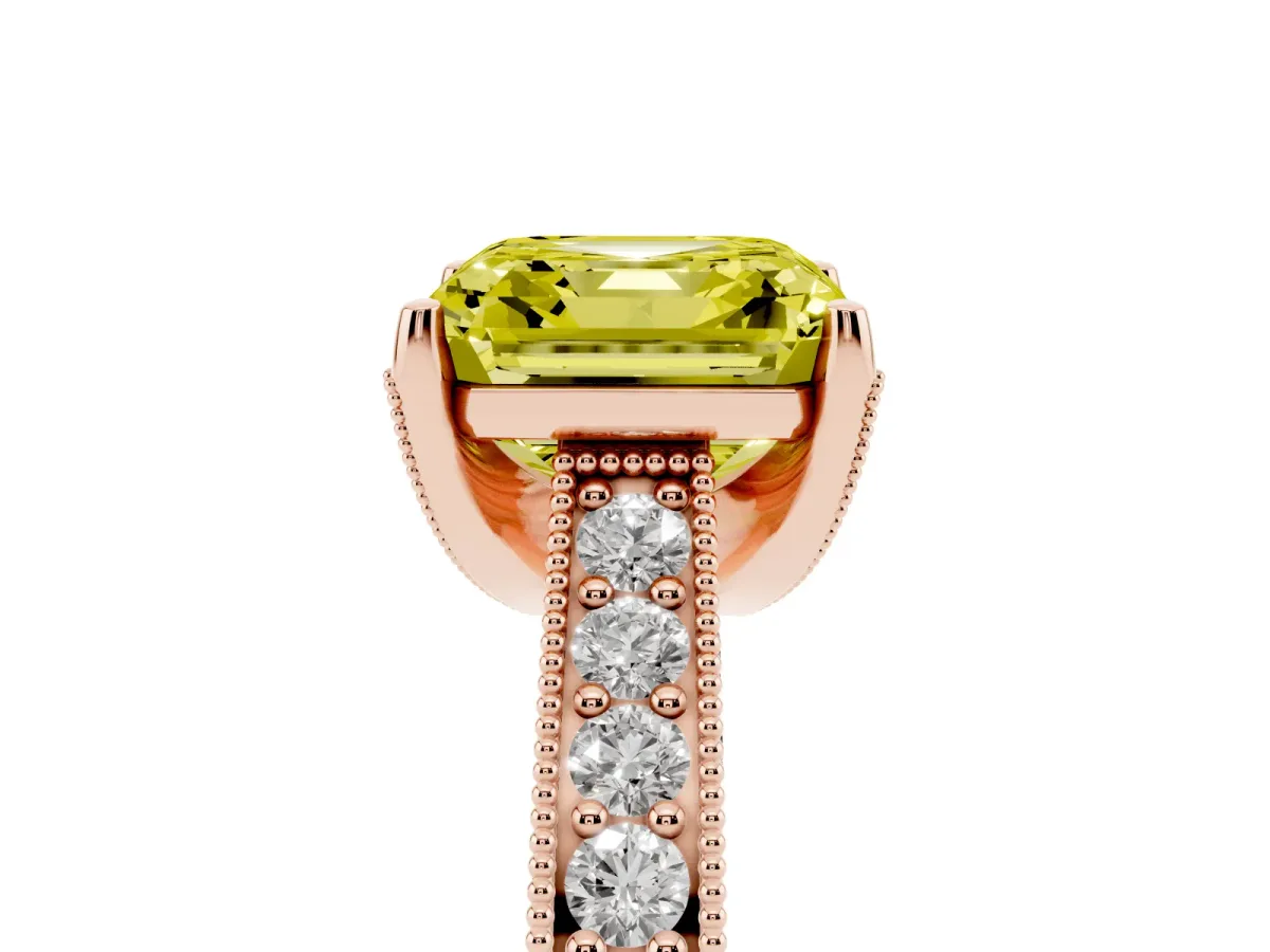 Fancy Yellow Asscher Cut Cut Diamond Solitaire Ring with Milgrain Pave Band and Four Prong Setting Rose gold