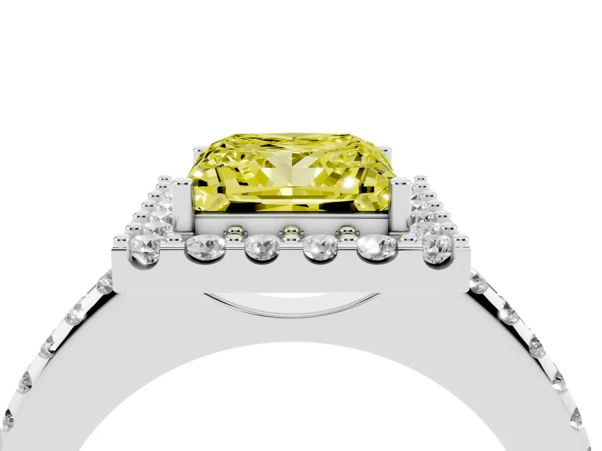 Fancy Yellow Princess Cut Diamond Pavé Halo Ring with Four-Prong Setting Silver