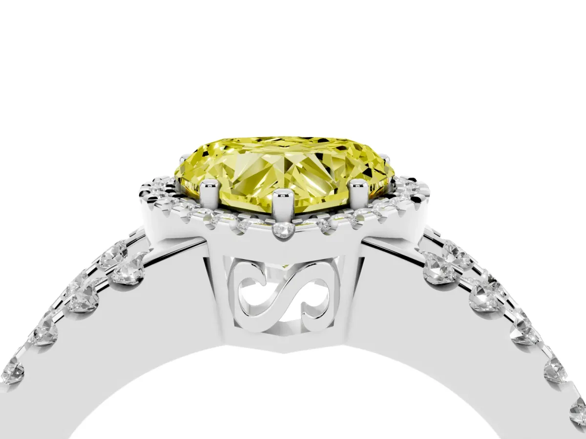 Fancy Yellow Heart Cut Cut Halo Split Shank Diamond Ring with Four-Prong Setting Silver