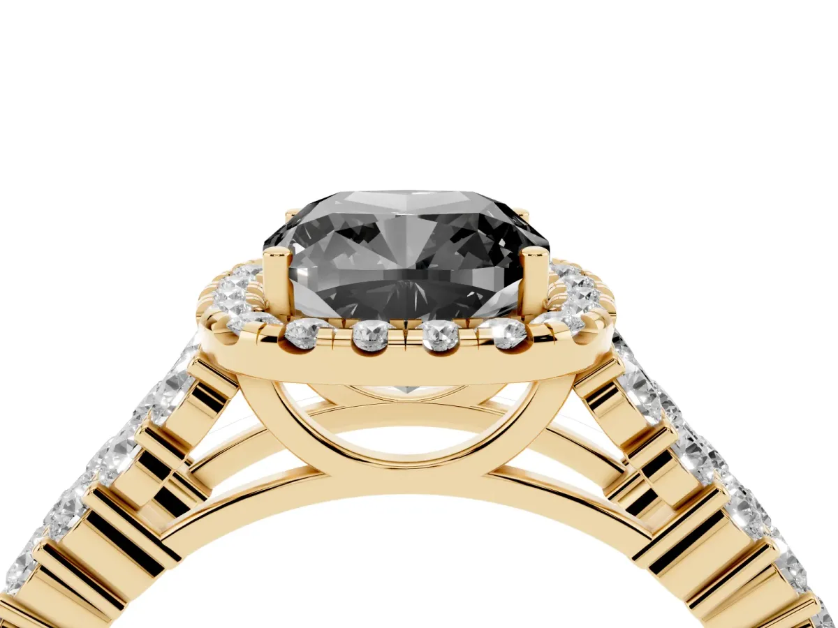 Fancy Black Cushion Cut Diamond Halo Engagement Ring with Triple Row Round Pavé Band and Prong Setting Yellow gold