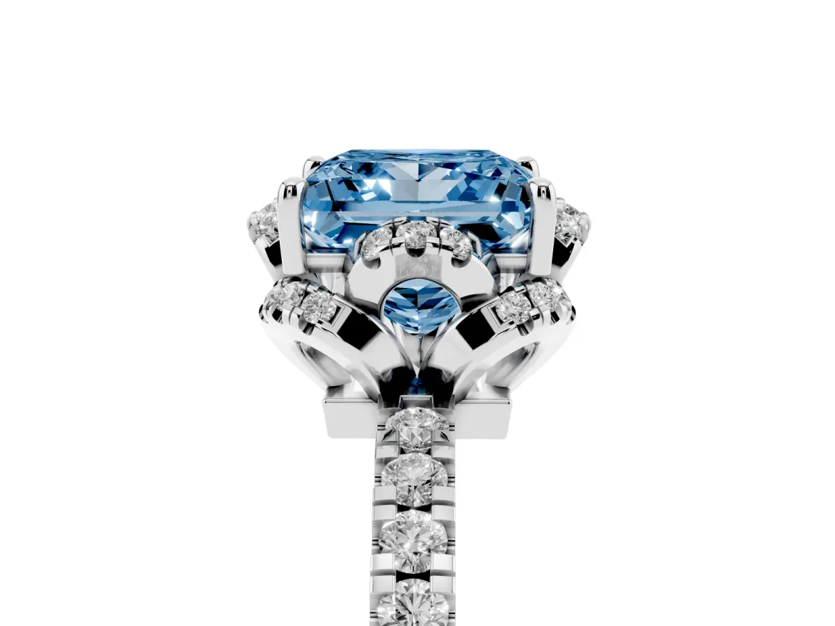 Fancy Blue Princess Cut Diamond Halo Pave Band with Four-Prong Setting Silver