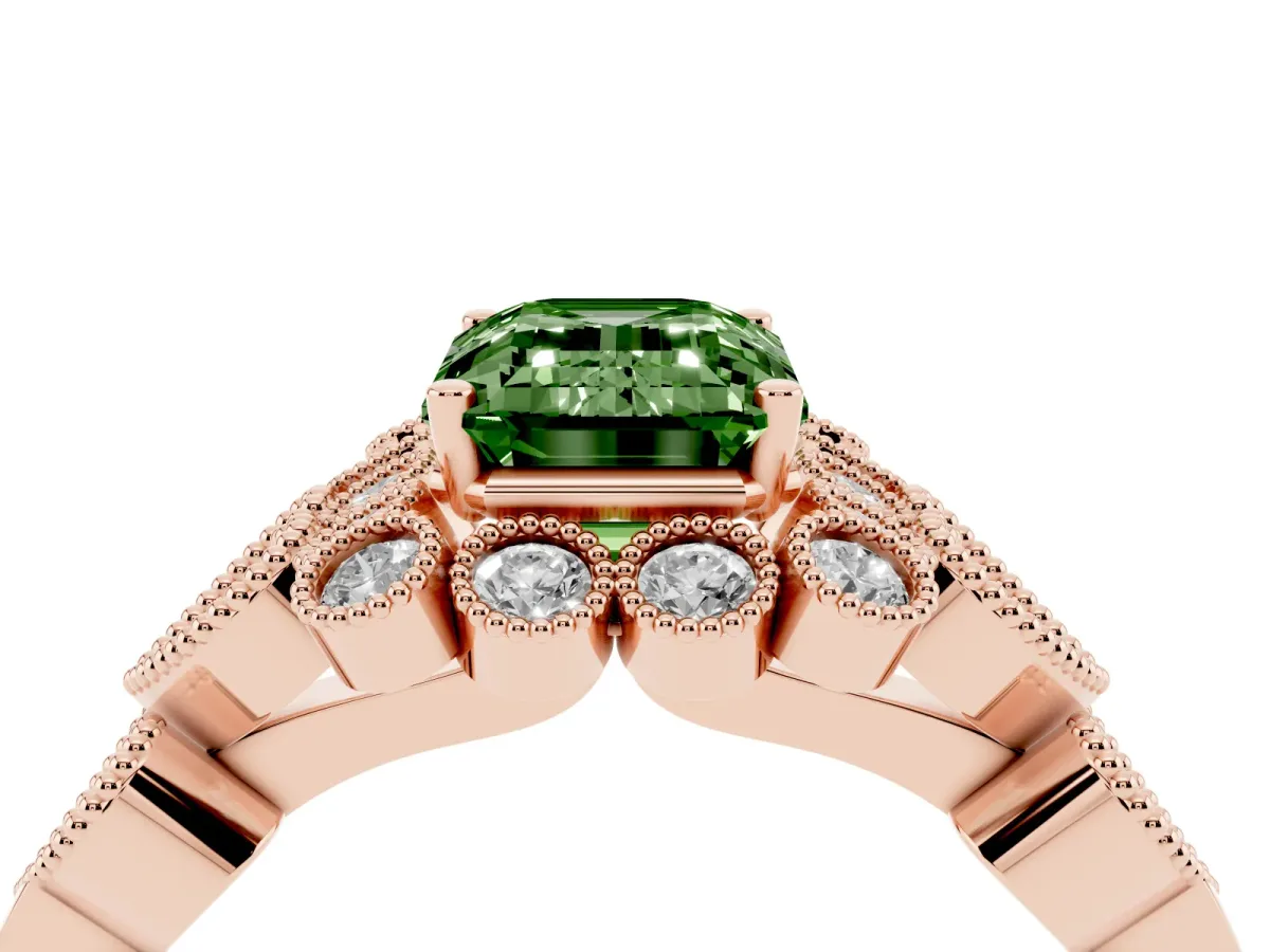 Fancy Green Emerald Cut Brilliant Milgrain Pave Heart Band Solitaire Ring Rose gold