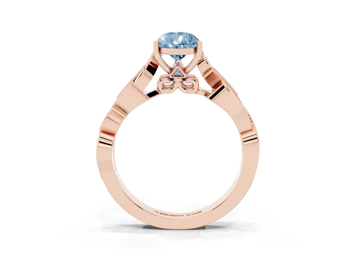 Fancy Blue Pear Cut Solitaire Vine Band with Milgrain Prong Setting Rose gold