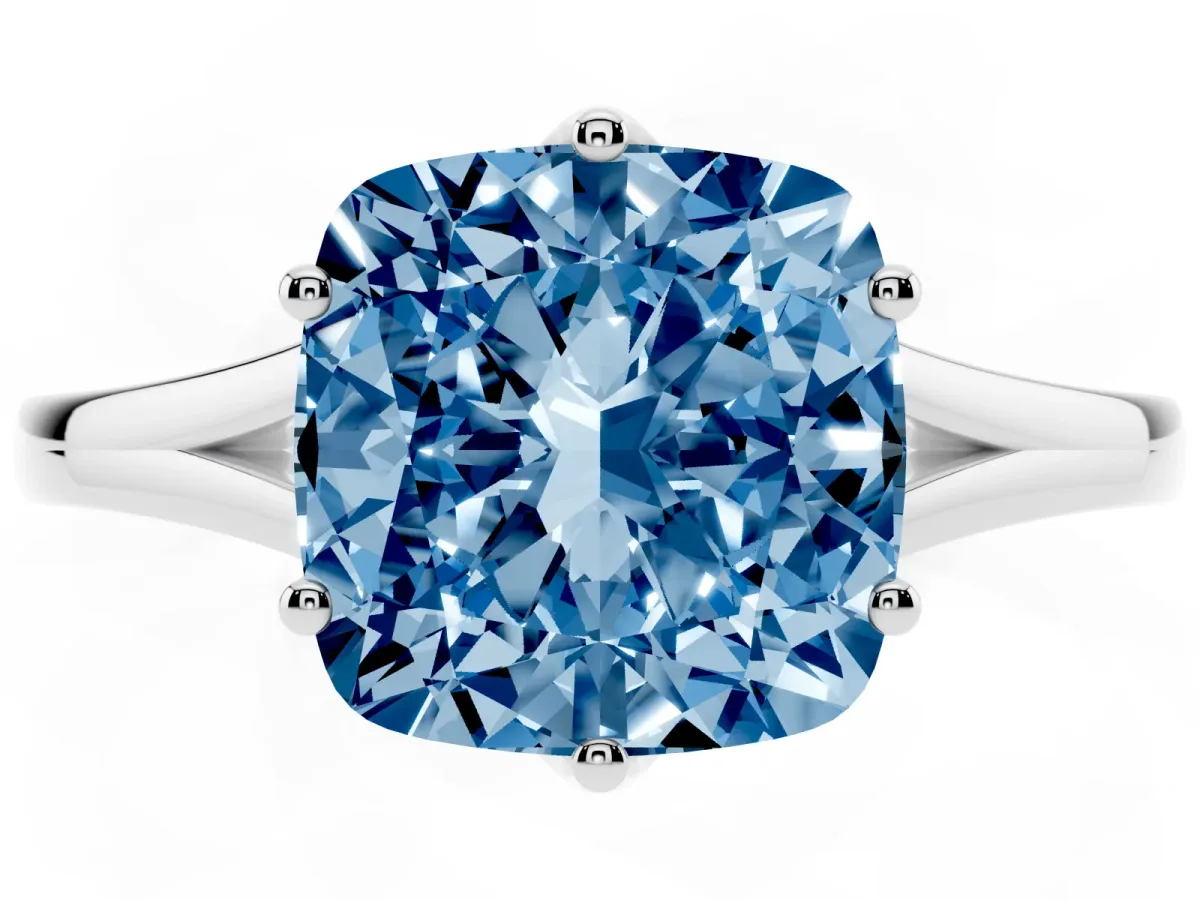 Fancy Blue Cushion Cut Solitaire Diamond Ring with Six-Prong Setting and Tapered Band Platinum