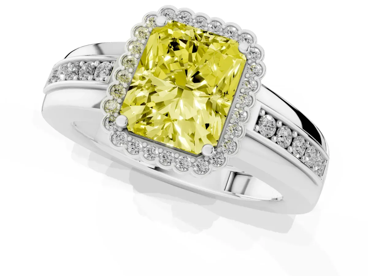 Fancy Yellow Radiant Cut Cut Halo Pave Band Four-Prong Ring Platinum