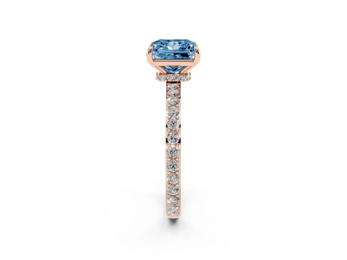 Fancy Blue Princess Cut Diamond Solitaire Engagement Ring with Pavé Band and Four-Prong Setting Rose gold