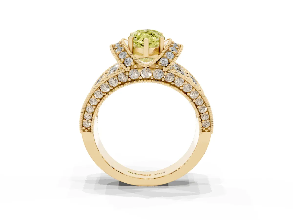 Fancy Yellow Marquise Cut Halo Pave Diamond Engagement Ring with Milgrain Detailing Yellow gold